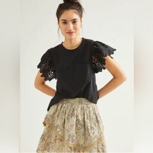 Seen Worn Kept (Anthropologie) Eyelet Flutter Sleeve Top in Black, Size XS